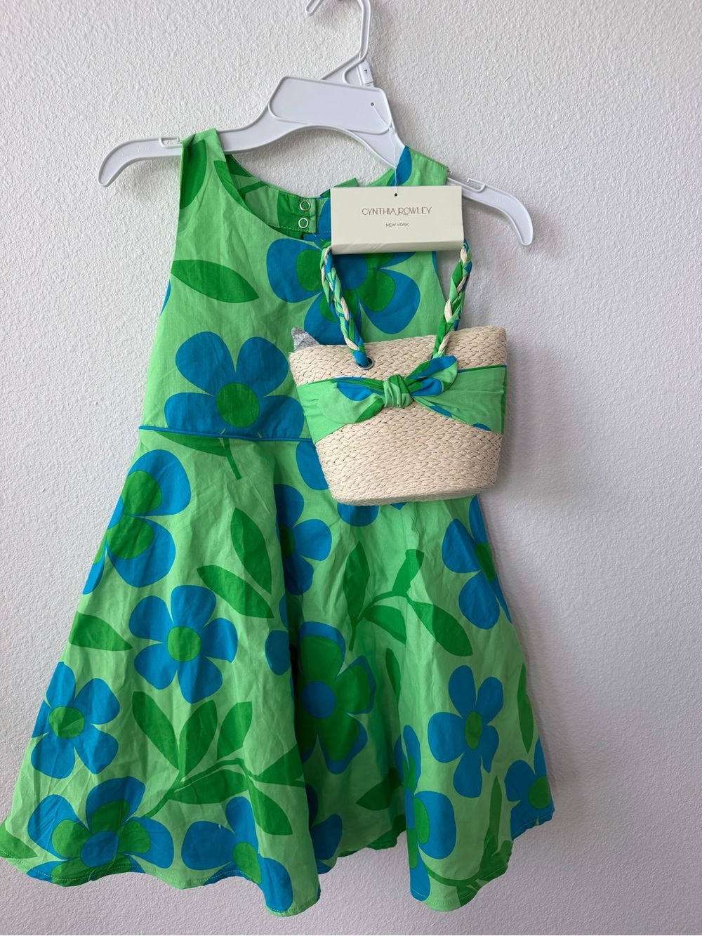 Cynthia Rowley Green & Blue Floral Fit-and-Flare Dress with Straw Tote